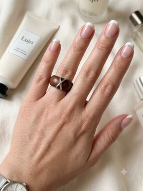 Wood Bead Ring with Silver 'X' Accent - Brown & Silver